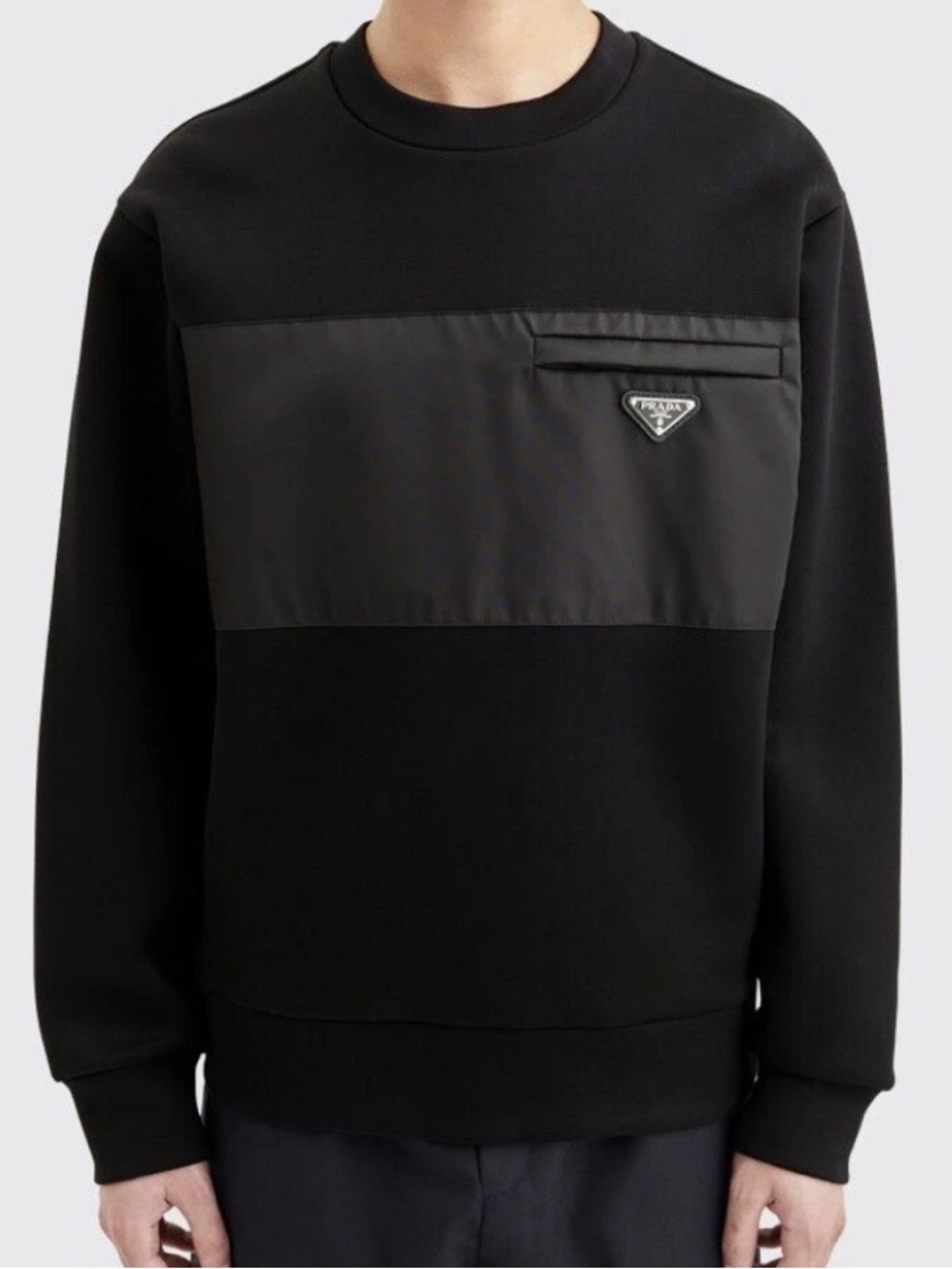 Prada Black Paneled Crewneck Sweater with Logo Patch - Size L